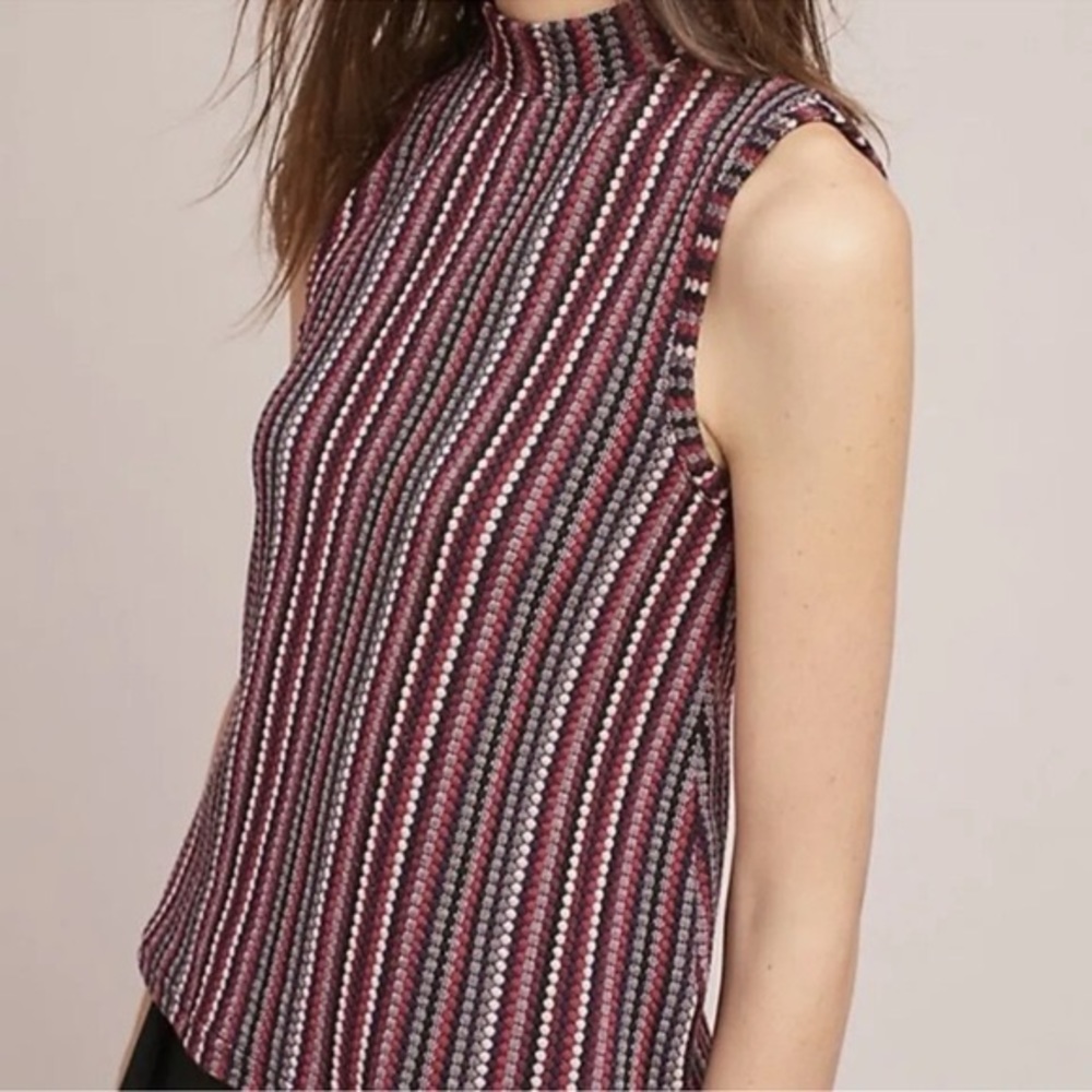 Anthropologie Postmark Textured Striped Dot Mock Neck Tank Top Black Red Pink